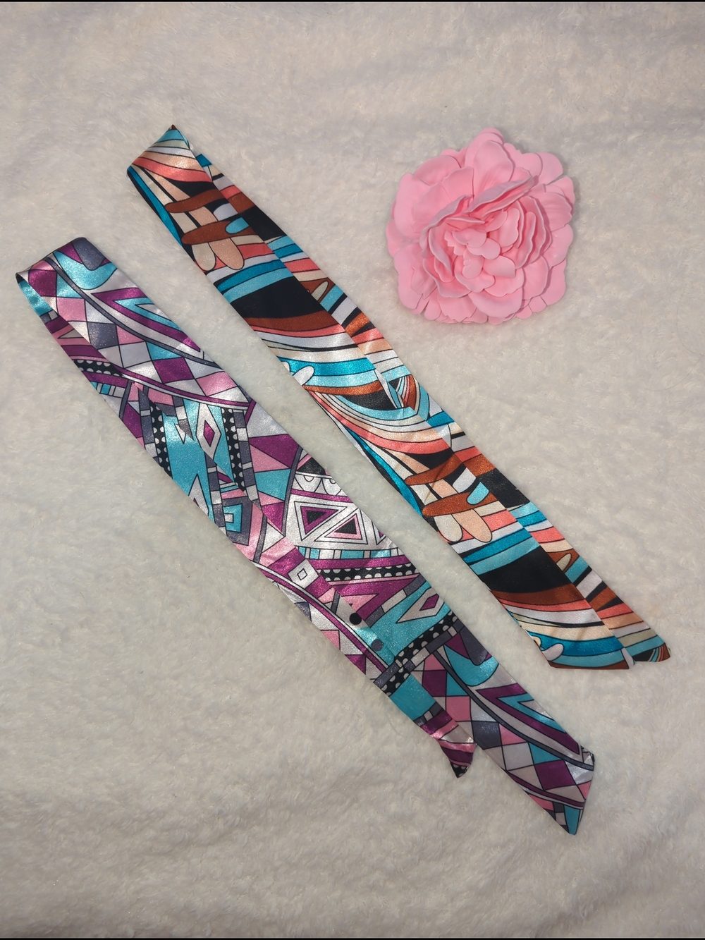 Silk-Feel Geometric & Abstract Print Twilly Scarf - Pink, Teal, Purple Lot Of 2